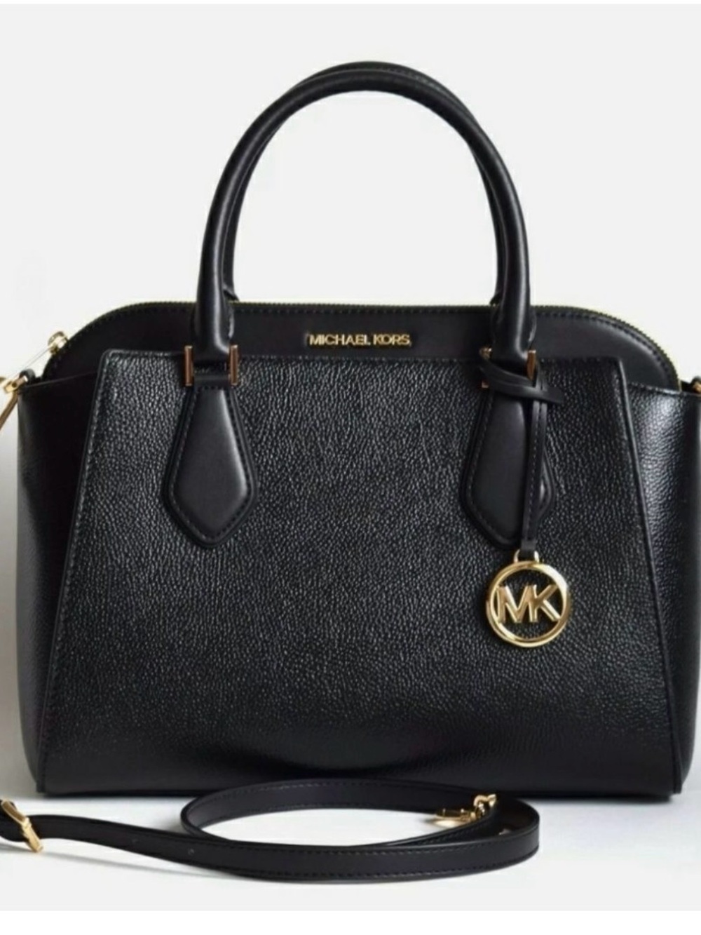 Michael Kors Black Pebbled Leather Satchel with Gold MK Charm